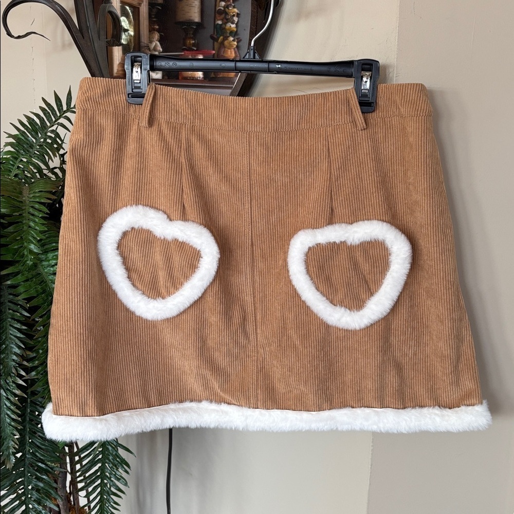 Brand New SHEIN X Care Bears Embroidered Tan Corduroy Mini Skirt Faux Fur Trim - Picture 9 of 15
